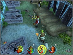 Idziemy dalej i rzucamy jabłkami Czerwonego Kapturka w pułapki, by je zlikwidować - [Solucja] Etap 2 - Straszny Las cz.3 | Shrek 2 Team Action - Shrek 2: Team Action - poradnik do gry