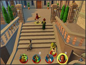 Najpierw uderzamy cel, później podnosimy, a na koniec wrzucamy do zagrody (celujemy, przytrzymując [LPM]) - [Solucja] Etap 3 - Zasiedmiogród cz.1 | Shrek 2 Team Action - Shrek 2: Team Action - poradnik do gry