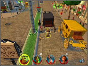 Wracamy na główną ulicę i zbieramy fasolkę [6/12] znad kolejnej karety - [Solucja] Etap 3 - Zasiedmiogród cz.1 | Shrek 2 Team Action - Shrek 2: Team Action - poradnik do gry