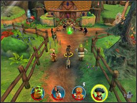 Wiszącą nad nami kosztowność zbieramy podskakując, a później szybko wciskając [SHIFT], by nie spaść na dół - [Solucja] Etap 5 - Na ścieżce cz.2 | Shrek 2 Team Action - Shrek 2: Team Action - poradnik do gry