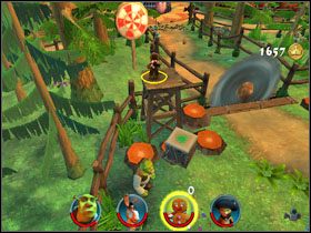 Bierzemy Shrekiem skrzynię z prawej i zanosimy ją pod wieżyczkę po lewej - [Solucja] Etap 6 - Farma Jacka i Jilla cz.1 | Shrek 2 Team Action - Shrek 2: Team Action - poradnik do gry