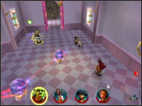 Dzięki nim przedostajemy się - w podobny sposób, jak przedtem - przez czerwone promienie laserów - [Solucja] Etap 7 - Wróżka Chrzestna cz.2 | Shrek 2 Team Action - Shrek 2: Team Action - poradnik do gry
