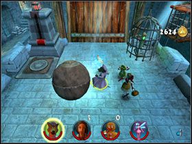 Walczymy z pająkami, a następnie wracamy po kulę i wpychamy ją Wilkiem na górę (przyciskamy [LPM]) - [Solucja] Etap 8 - Ucieczka z więzienia cz.1 | Shrek 2 Team Action - Shrek 2: Team Action - poradnik do gry