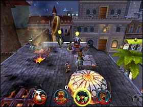 Wspinamy się Kotem w Butach na górę, podnosząc po drodze fasolkę [6/12] , i skaczemy po platformie, by sprowadzić na górę windę z resztą bohaterów - [Solucja] Etap 10 - Ciastko, Ciastko cz.1 | Shrek 2 Team Action - Shrek 2: Team Action - poradnik do gry