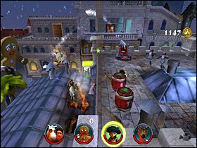 Przeskakujemy na sąsiedni budynek, zbieramy fasolkę [7/12] , po czym uderzamy w beczki, tworząc drogę dla pozostałej trójki - [Solucja] Etap 10 - Ciastko, Ciastko cz.1 | Shrek 2 Team Action - Shrek 2: Team Action - poradnik do gry