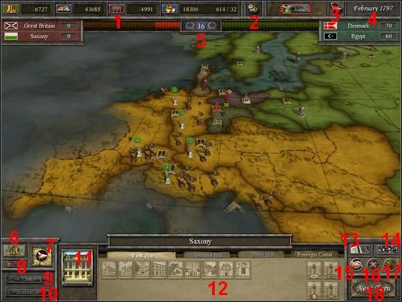 1 - Surowce (klawisze 1,2,3,4 rozwijają okienka Income-Expenses (dochodów-wydatków) pod ikonami surowców - Poradnik do gry - Mapa strategiczna | Imperial Glory - Imperial Glory - poradnik do gry