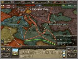 W Trybie Handlowym (klawisz Spacja) kolorowe linie łączące porty bądź stolice państw to szlaki handlowe lądowe lub morskie - Handel (Commercial View) | Imperial Glory - Imperial Glory - poradnik do gry