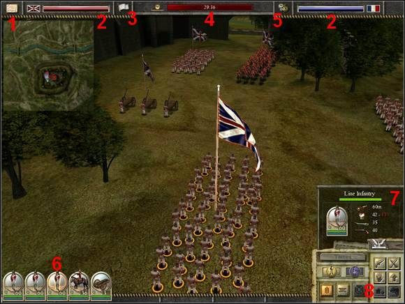 1 - Mini-mapa: Kolorowe punkciki na niej oznaczają jednostki nasze (i wroga - na najłatwiejszym poziomie trudności), kluczowe pozycje są oznaczone kółeczkami przybierającymi odpowiedni kolor, w zależności od tego, która strona je opanowała (białe = neutralne) - Wojna - Bitwy lądowe | Imperial Glory - Imperial Glory - poradnik do gry