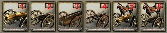 W kolejności od lewej mamy: (1 ) Howitzers (Haubice), (2 ) 6 Pound Cannons (działa 6 funtowe), (3 ) Congreve Rockets (Rakiety Congrevea) - te 3 rodzaje artylerii możemy tworzyć (Congreve Rockets tylko Anglicy - Jednostki - Artyleria | Imperial Glory - Imperial Glory - poradnik do gry