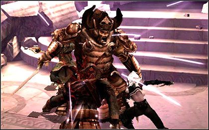 Rozpoczyna się ciężka, dość długa walka z łucznikami, wchodzącymi do komnaty przez otwartą platformę - odsyłaj ich z w przepaść tą samą drogą - 2. Descent into Gemspark Mine | Poziomy | Forgotten Realms Demon Stone - Forgotten Realms: Demon Stone - poradnik do gry