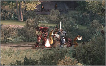 Na końcu wioski natkniemy się na dwa płonące domy, w których miotają się wieśniacy - 3. Attack at Cedarleaf | Poziomy | Forgotten Realms Demon Stone - Forgotten Realms: Demon Stone - poradnik do gry