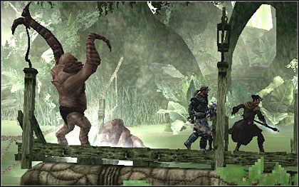 Drużyna usiłuje przedostać się promem na drugi brzeg rzeki, do gór, ale jeden z wrogów zrywa linę i prom zaczyna dryfować z biegiem rzeki - 5. Jungle of Chult | Poziomy | Forgotten Realms Demon Stone - Forgotten Realms: Demon Stone - poradnik do gry