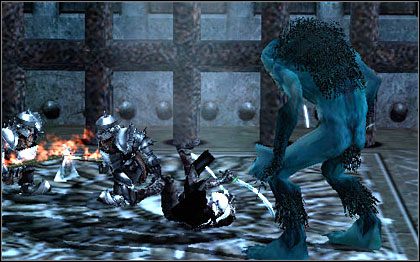 Teraz powrót do bramy - trzeba obronić ją przed trollami, chcącymi zniszczyć kratownicę zagradzającą im dostęp do wnętrza twierdzy - 7. Stand at Mithrall Hall | Poziomy | Forgotten Realms Demon Stone - Forgotten Realms: Demon Stone - poradnik do gry