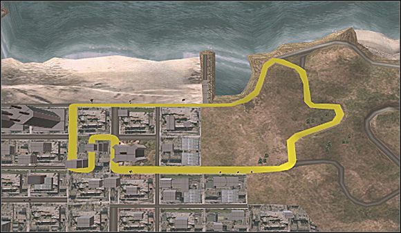 Nie jest to łatwa trasa ze względu na wiele ciasnych zakrętów w części miejskiej - Public Chaos (Southside Beach) | Trasy | Juiced Szybcy i Gniewni - Juiced: Szybcy i Gniewni - poradnik do gry