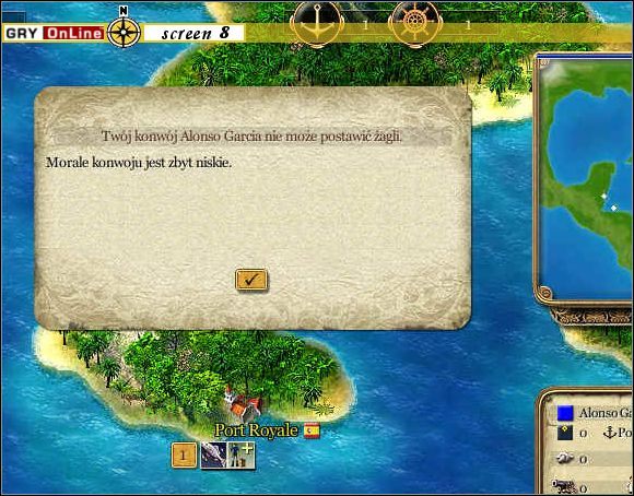 Podczas wypływania z portu, możesz napotkać również na problemy z niskimi morale załogi (screen 8) - Rejs czwarty - Ostatnia przystań | Pozostałe rejsy 2-4 w Port Royale - Port Royale - poradnik do gry