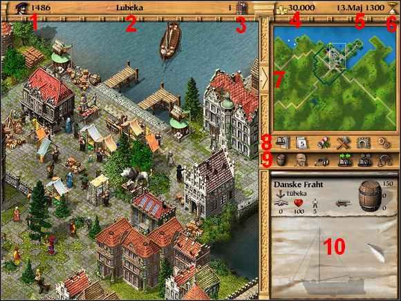 1 - Mieszkańcy - pokazuje populację (liczbę obywateli) miasta, w którym akurat przebywasz a kliknięcie tej ikony spowoduje wyświetlenie dokładniejszych informacji na temat 3 grup społecznych (biedaków, zamożnych i bogatych) zasiedlających miasto oraz stopień ich zadowolenia - Interfejs gry cz.1 | Podstawy Patrician III Rise of the Hanse - Patrician III: Rise of the Hanse - poradnik do gry