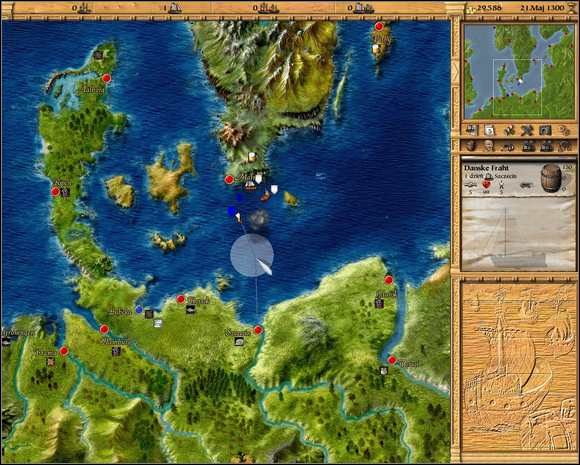 Na mapie tej na listwie u samej góry mamy z kolei cztery ikony reprezentujące (od lewej) - Interfejs gry cz.2 | Podstawy Patrician III Rise of the Hanse - Patrician III: Rise of the Hanse - poradnik do gry