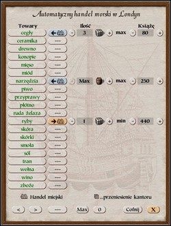 Kiedy klikasz na przycisk Dobra (ustanawiając automatyczny handel) widzisz następujące opcje - Szlaki handlowe | Handel i Produkcja Patrician III Rise of the Hanse - Patrician III: Rise of the Hanse - poradnik do gry