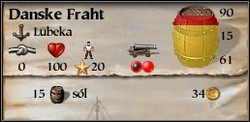 W lewym górnym rogu pod nazwą okrętu (na przykładzie Danske Fraht) znajduje się nazwa portu przeznaczenia lub portu, w którym okręt aktualnie cumuje (Lubeka) - Menu okrętu | Okręty w Patrician III Rise of the Hanse - Patrician III: Rise of the Hanse - poradnik do gry