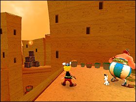 Aby rozwalić beczkę obok sterty kamieni blokujących przejście, odpalamy pochodnię od ogniska stojącego w pobliżu gumy - Etap 4 | Egipt | Asterix & Obelix XXL - Asterix & Obelix XXL - poradnik do gry