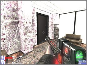 Zanim wejdziesz do kolejnej większej sali, wyjmij karabin laserowy i zabij stojącego w oddali, niebezpiecznego demona (lewy obrazek) - [28] Hell Office cz.1 | Hellforces - Hellforces - poradnik do gry