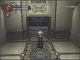 Dotrzesz w końcu do miejsca, w którym po raz kolejny będziesz musiał skorzystać z akrobatycznych zdolności dhampirzycy (screen 1) - [4] Mansion - Ballroom | BloodRayne 2 - BloodRayne 2 - poradnik do gry