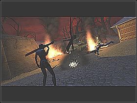 Przeskocz nad zniszczonym śmigłowcem (prawdopodobnie będziesz musiał wykonać podwójny skok; screen 1) i ruszaj dalej - [22] Twisted Park - Zoo Entrance cz.1 | BloodRayne 2 - BloodRayne 2 - poradnik do gry