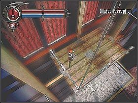 Po znalezieniu się na upragnionym piętrze (skok najlepiej wykonać przy załączonym spowolnieniu czasu) załatw znajdujących się tu gostków a następnie skorzystaj z trybu Aura Vision, aby dojrzeć wampirze przejście (screen 1) - [26] Kagans Tower - Llewelyn Corporate cz.2 | BloodRayne 2 - BloodRayne 2 - poradnik do gry