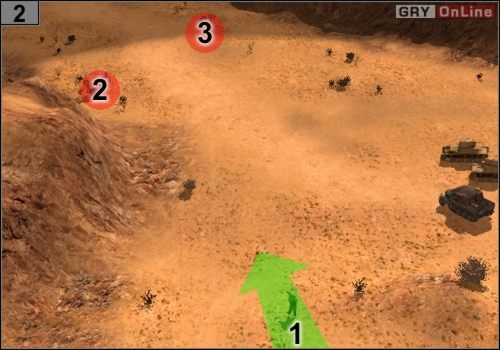 Potem przyjdź tu oddziałem snajperów zgodnie z tym, co pokazuje strzałka [1] - Misja 1 - Sidi Barrani (2) | Państwa Osi w Codename Panzers - Faza Druga - Codename: Panzers - Faza Druga - poradnik do gry