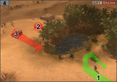 Teraz zaatakuj snajperami w [1] drugi oddział piechoty, w [2], a potem szybko się wycofaj - jak pokazuje to zielona strzałka - Misja 1 - Sidi Barrani (2) | Państwa Osi w Codename Panzers - Faza Druga - Codename: Panzers - Faza Druga - poradnik do gry