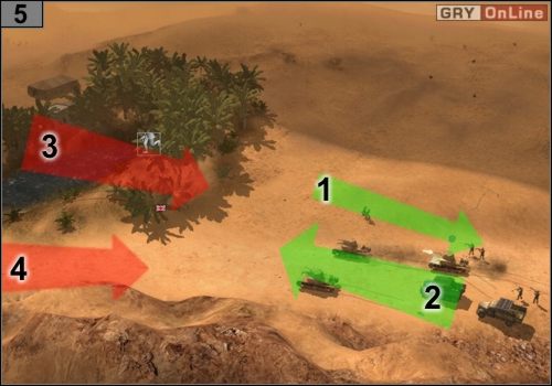 Wycofuj cały czas snajperów, jak pokazuje to strzałka [1], jednocześnie podjedź tu czołgami - strzałka [2] - Misja 1 - Sidi Barrani (3) | Państwa Osi w Codename Panzers - Faza Druga - Codename: Panzers - Faza Druga - poradnik do gry