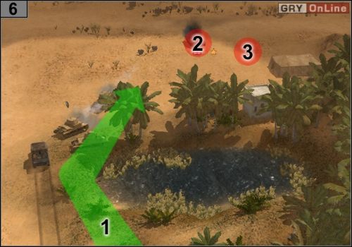 Aby zająć pierwszą oazę, musisz jeszcze podjechać czołgami - jak pokazuje to strzałka [1] - i zniszczyć czołg w [2] - Misja 1 - Sidi Barrani (3) | Państwa Osi w Codename Panzers - Faza Druga - Codename: Panzers - Faza Druga - poradnik do gry