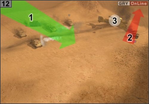 Potem również snajperów wycofaj w miejsce, gdzie zaczynałeś mapę, czołgami i ciężarówką naprawczą natomiast jedź do #12 , jak pokazuje to strzałka [1] - Misja 1 - Sidi Barrani (4) | Państwa Osi w Codename Panzers - Faza Druga - Codename: Panzers - Faza Druga - poradnik do gry