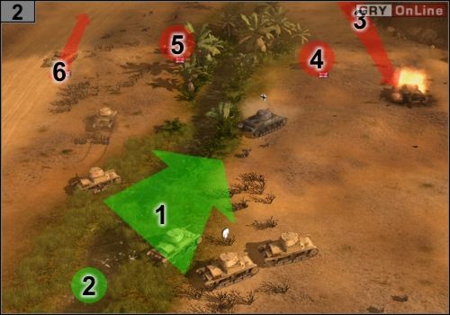 Uderz tak jak pokazuje to strzałka [1], trzymając ciężarówkę naprawczą z tyłu - w [2] - Misja 2 - Mersa Brega (2) | Państwa Osi w Codename Panzers - Faza Druga - Codename: Panzers - Faza Druga - poradnik do gry