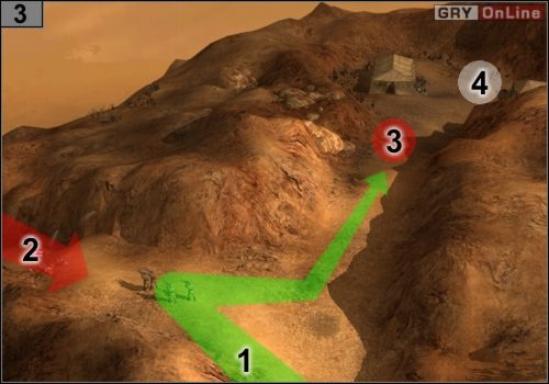 Idź do punktu #3 drogą pokazaną przez strzałkę w [1] - najpierw zabij dwa oddziały piechoty wroga z moździerzami w [2] (uważaj, by żaden snajper ci nie zginął - Misja 2 - Mersa Brega (2) | Państwa Osi w Codename Panzers - Faza Druga - Codename: Panzers - Faza Druga - poradnik do gry
