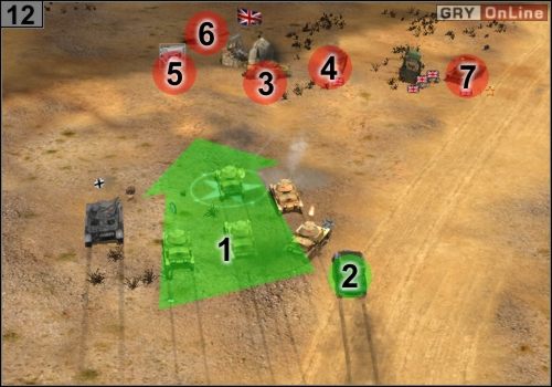 I znów - atak czołgów pokazuje strzałka [1], pozycję ciężarówki naprawczej - punkt [2] - Misja 2 - Mersa Brega (4) | Państwa Osi w Codename Panzers - Faza Druga - Codename: Panzers - Faza Druga - poradnik do gry