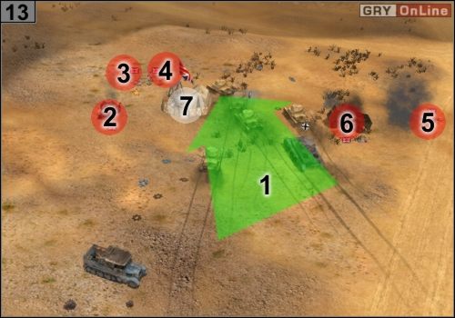 Po zniszczeniu najniebezpieczniejszych jednostek pozostaną tylko te mało niebezpieczne - wjedź czołgami zgodnie ze strzałką w [1] - Misja 2 - Mersa Brega (4) | Państwa Osi w Codename Panzers - Faza Druga - Codename: Panzers - Faza Druga - poradnik do gry
