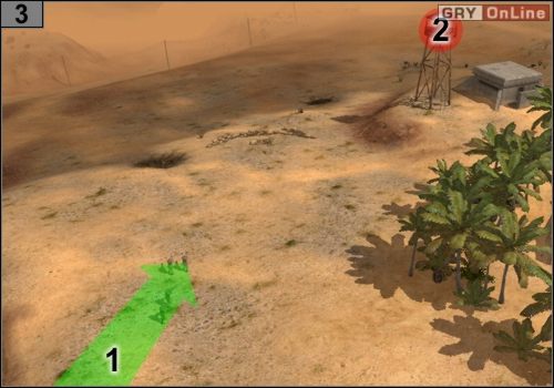 snajperami idź do punktu #3 drogą pokazaną przez strzałkę w [1] i z daleka zabij oddział piechoty stacjonujący na wieży strażniczej w [2] - Misja 3 - Przełęcz Halfaya (2) | Państwa Osi w Codename Panzers - Faza Druga - Codename: Panzers - Faza Druga - poradnik do gry