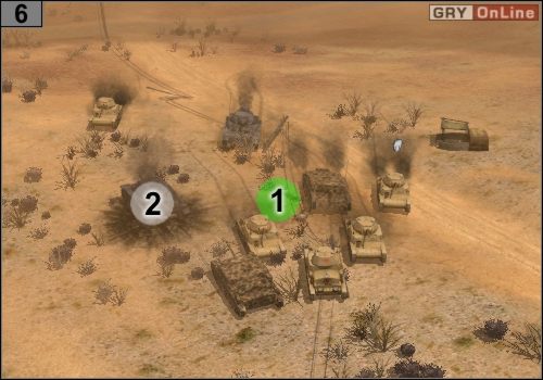 Odnajdziesz tam w [1] ledwo żywą załogę równie ledwo żywego czołgu - Panzer III F - stojącego w [2] - Misja 3 - Przełęcz Halfaya (3) | Państwa Osi w Codename Panzers - Faza Druga - Codename: Panzers - Faza Druga - poradnik do gry