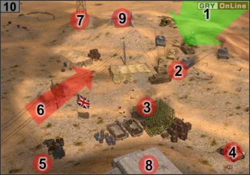 Wjedź od strony pokazanej przez strzałkę [1] - Misja 3 - Przełęcz Halfaya (4) | Państwa Osi w Codename Panzers - Faza Druga - Codename: Panzers - Faza Druga - poradnik do gry