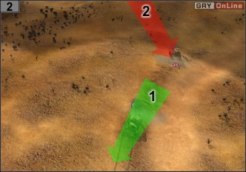 Musisz cały czas utrzymywać odpowiednią odległość, dobrze jest wysadzić bohatera z czołgu by słyszał, czy wróg do ciebie jedzie - Misja 4 - Operacja Battleaxe (2) | Państwa Osi w Codename Panzers - Faza Druga - Codename: Panzers - Faza Druga - poradnik do gry