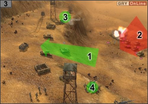 Wjedź na wzgórze czołgiem, co pokazuje strzałka w [1] i pozwól wojskom przeciwnika w [2] wpaść w pułapkę dział w [3] i [4] - Misja 4 - Operacja Battleaxe (2) | Państwa Osi w Codename Panzers - Faza Druga - Codename: Panzers - Faza Druga - poradnik do gry