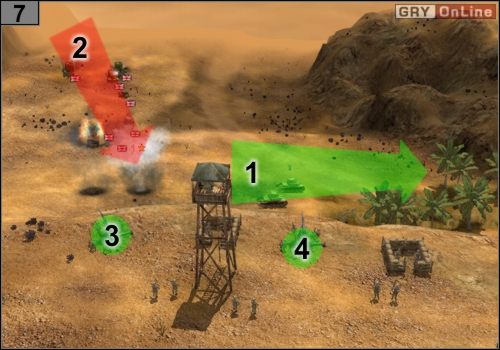 Jedź tak, jak pokazuje to strzałka w [1], naprawiając po drodze swoje czołgi - Misja 4 - Operacja Battleaxe (3) | Państwa Osi w Codename Panzers - Faza Druga - Codename: Panzers - Faza Druga - poradnik do gry
