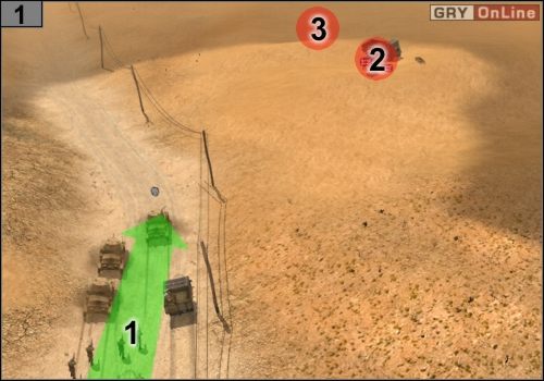 Jedź zgodnie ze strzałką [1], niech przed wojskiem idą dwa oddziały snajperów - Misja 5 - Sidi Rezegh (2) | Państwa Osi w Codename Panzers - Faza Druga - Codename: Panzers - Faza Druga - poradnik do gry