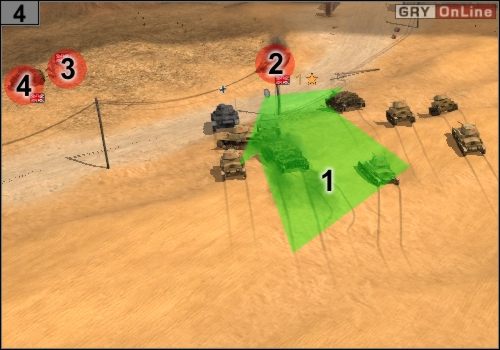Jedź czołgami, jak pokazuje to strzałka [1], rozpraw się ze średnim czołgiem w [2], piechotą w [3] i małym czołgiem w [4] - Misja 5 - Sidi Rezegh (2) | Państwa Osi w Codename Panzers - Faza Druga - Codename: Panzers - Faza Druga - poradnik do gry