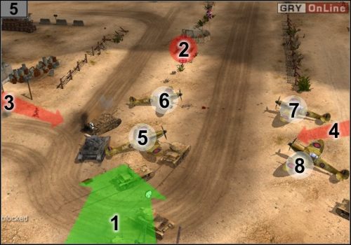 Wjedź na lotnisko zgodnie z tym, co pokazuje strzałka [1] - Misja 5 - Sidi Rezegh (3) | Państwa Osi w Codename Panzers - Faza Druga - Codename: Panzers - Faza Druga - poradnik do gry
