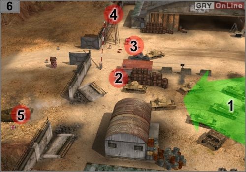 Gdy zabijesz czterech pilotów, jedź do #6 , jak pokazuje to strzałka [1] - Misja 5 - Sidi Rezegh (3) | Państwa Osi w Codename Panzers - Faza Druga - Codename: Panzers - Faza Druga - poradnik do gry