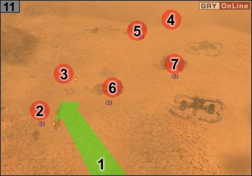 Zgodnie ze strzałką [1] wbiegnij pomiędzy działa w [2] i [3] - Misja 5 - Sidi Rezegh (4) | Państwa Osi w Codename Panzers - Faza Druga - Codename: Panzers - Faza Druga - poradnik do gry