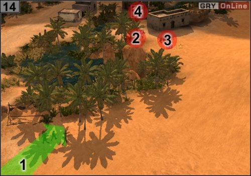 Idź snajperami do [1] i z daleka wykończ obsługę działa w [2], a potem piechotę w [3] i [4] - Misja 5 - Sidi Rezegh (5) | Państwa Osi w Codename Panzers - Faza Druga - Codename: Panzers - Faza Druga - poradnik do gry