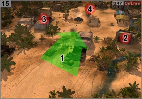 albo po prostu zapisać grę i wjechać wszystkimi czołgami do miasta, jak pokazuje to strzałka [1] - Misja 5 - Sidi Rezegh (5) | Państwa Osi w Codename Panzers - Faza Druga - Codename: Panzers - Faza Druga - poradnik do gry